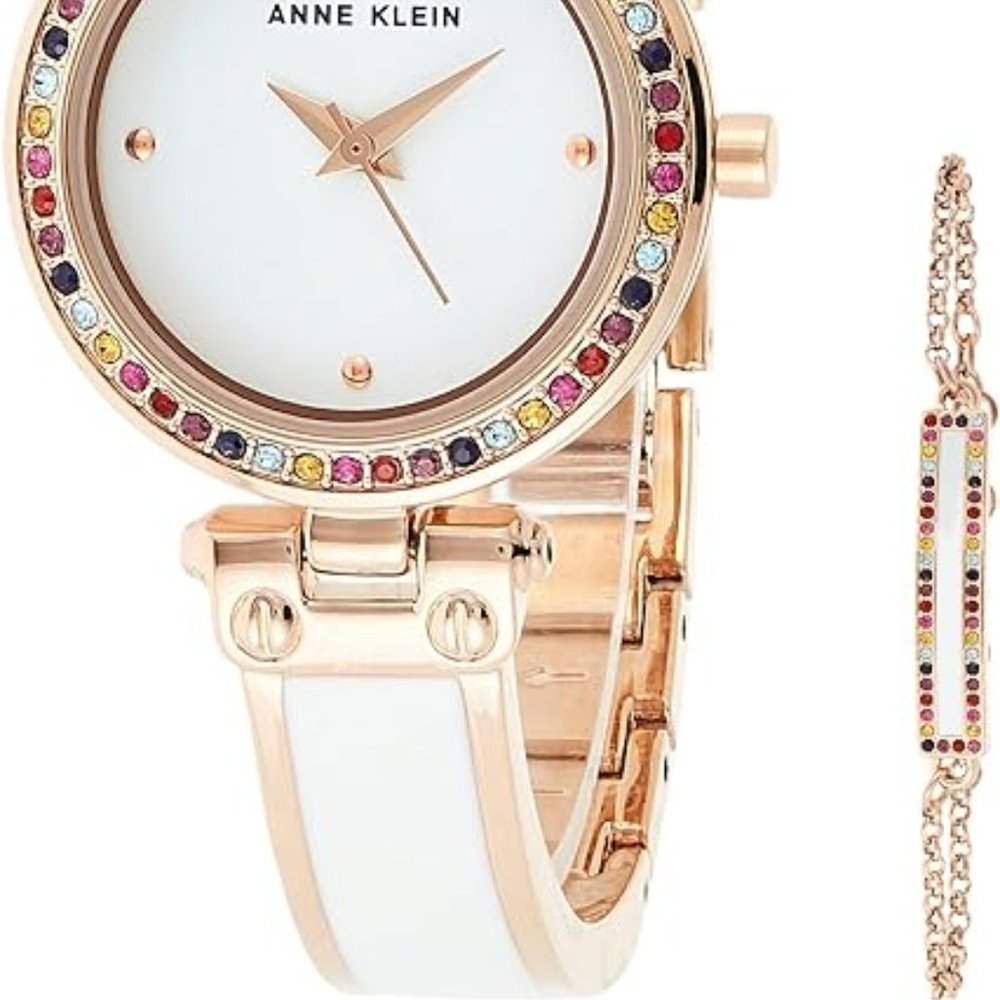 ANNE KLEIN Women's Quartz Rose Gold Premium Crystal Accented Watch Bracelet SET